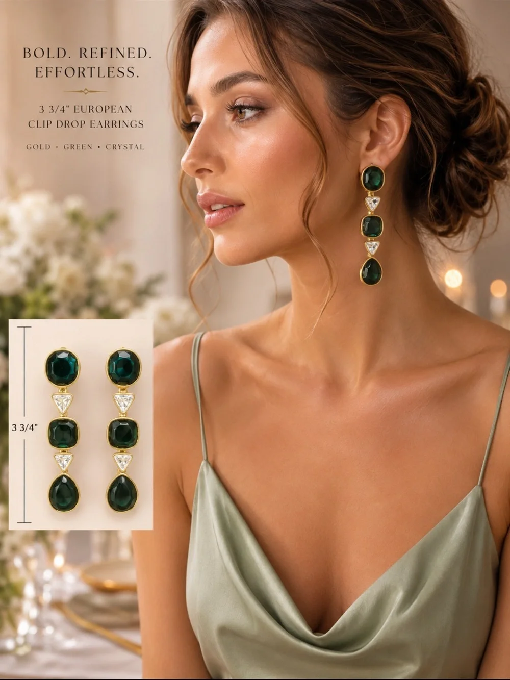 Vintag European Clip-On Statement Earrings - Emerald Green Crystal Drops - Gold
